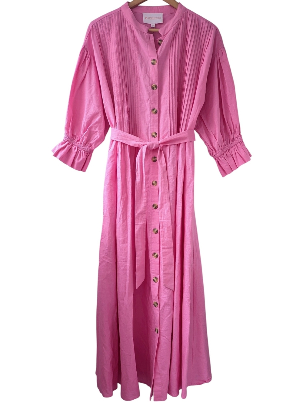 La Bohème Girls Linen Cotton Pink Button-Front Belted Maxi Dress